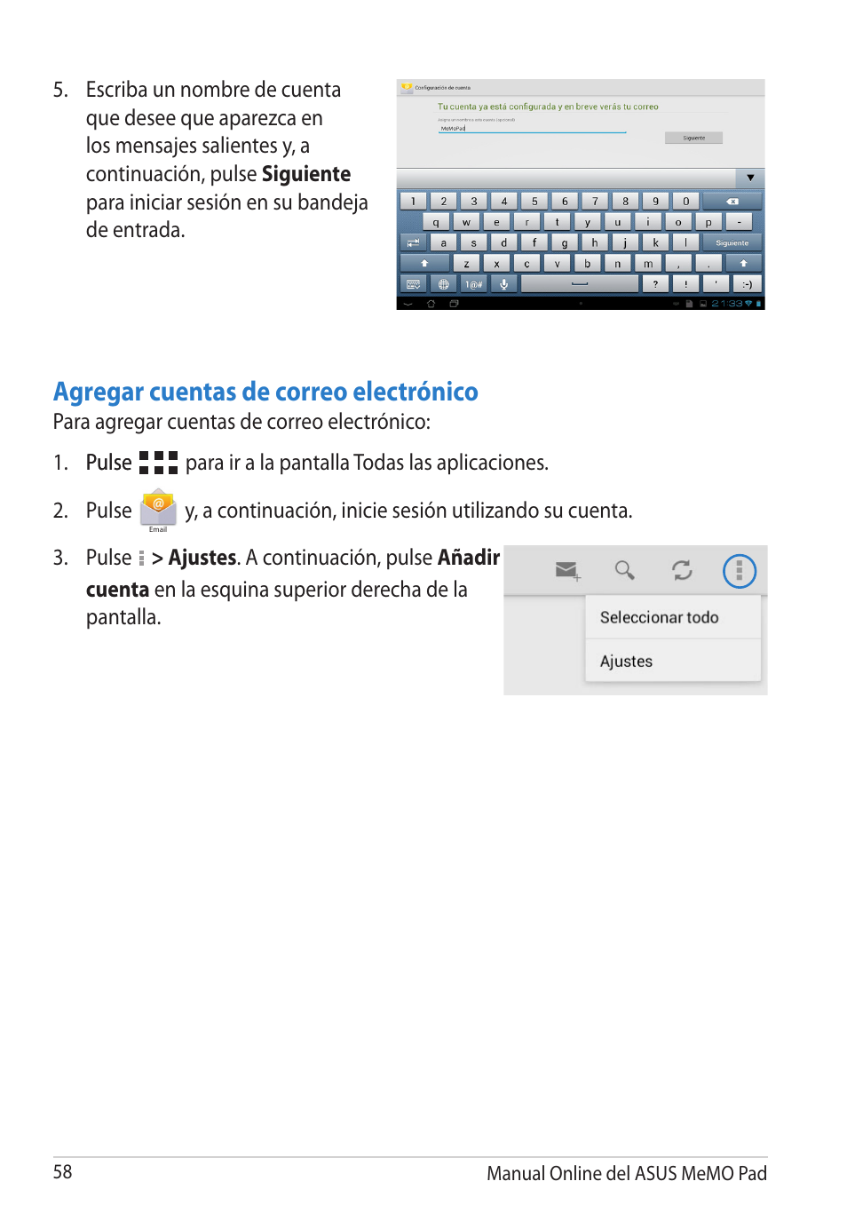 Agregar cuentas de correo electrónico | Asus MeMO Pad Smart 10 User Manual | Page 58 / 90