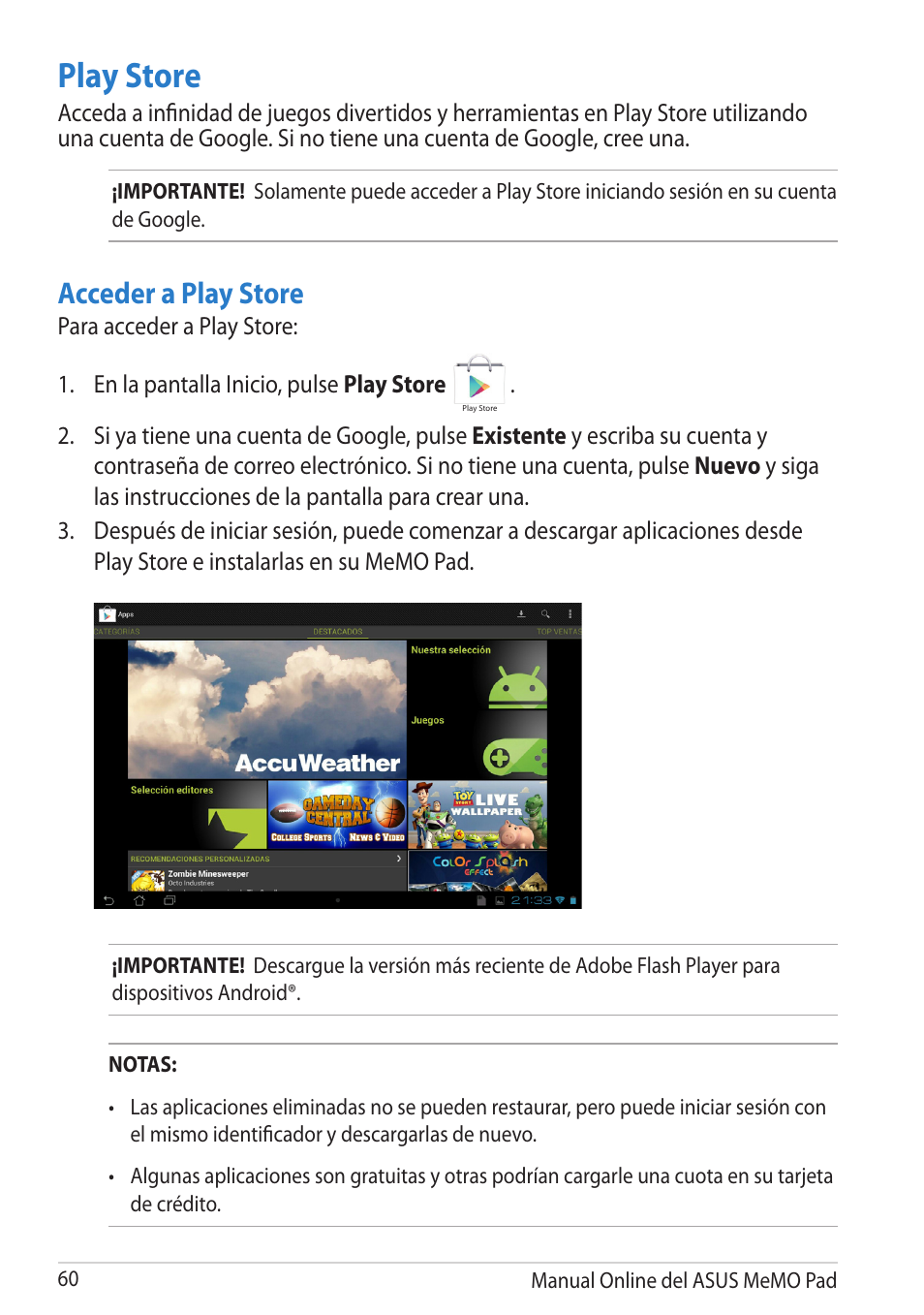 Play store, Acceder a play store | Asus MeMO Pad Smart 10 User Manual | Page 60 / 90