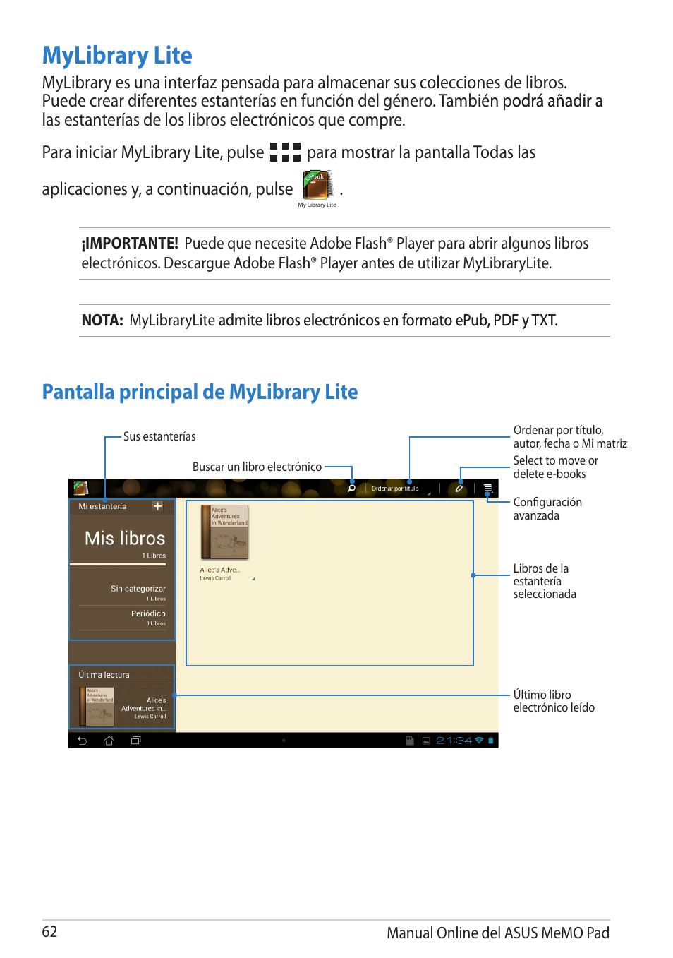 Mylibrary lite, Pantalla principal de mylibrary lite | Asus MeMO Pad Smart 10 User Manual | Page 62 / 90