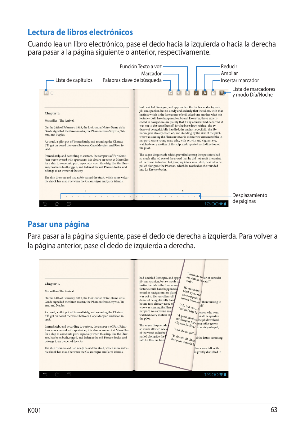 Lectura de libros electrónicos, Pasar una página | Asus MeMO Pad Smart 10 User Manual | Page 63 / 90