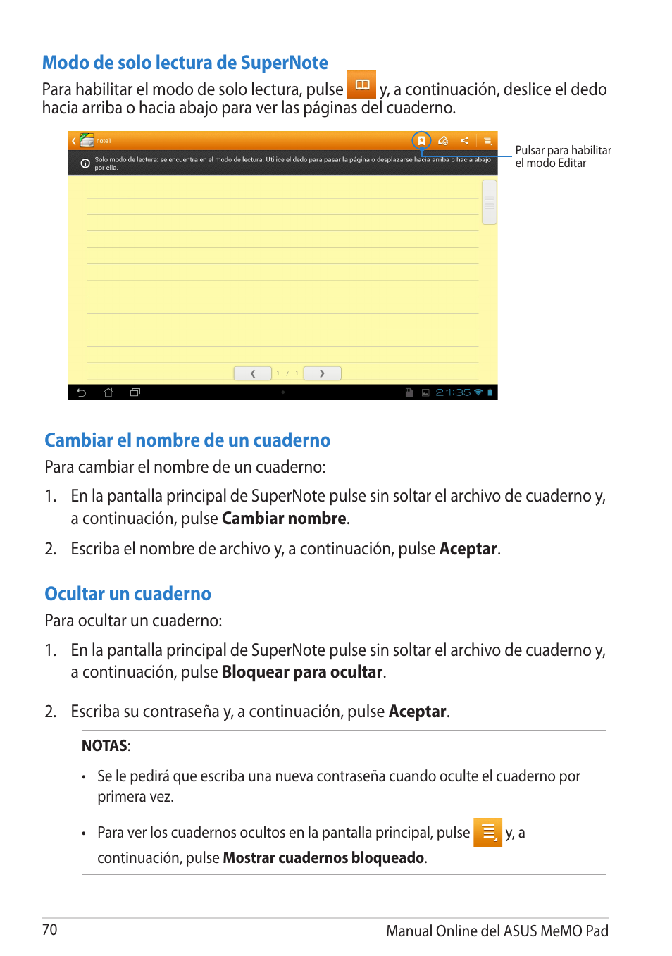 Cambiar el nombre de un cuaderno, Ocultar un cuaderno | Asus MeMO Pad Smart 10 User Manual | Page 70 / 90