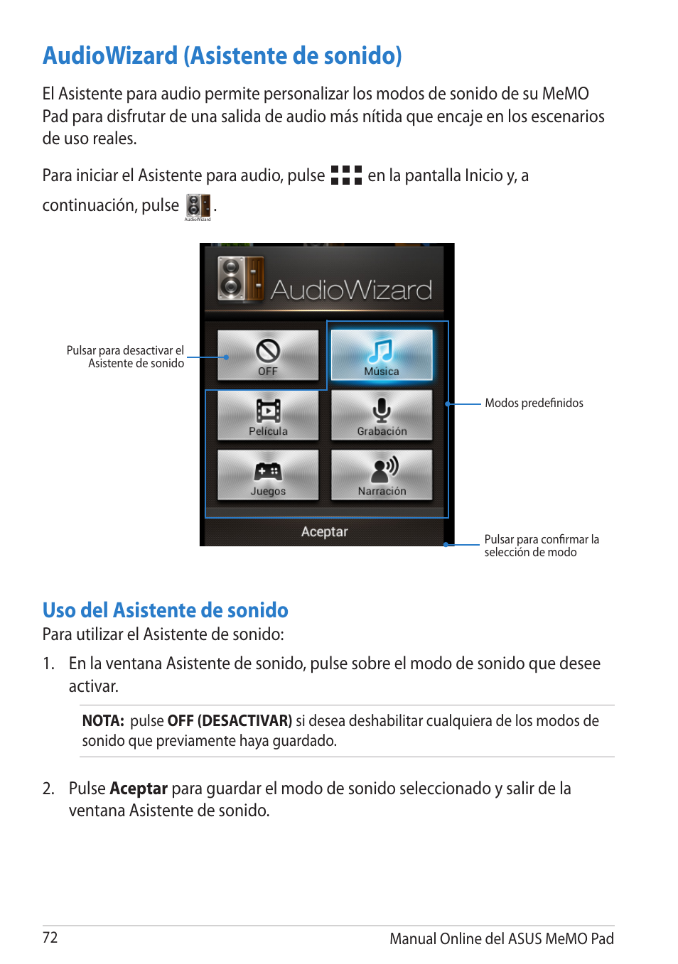 Audiowizard (asistente de sonido), Uso del asistente de sonido, En la pantalla inicio y, a continuación, pulse | Asus MeMO Pad Smart 10 User Manual | Page 72 / 90