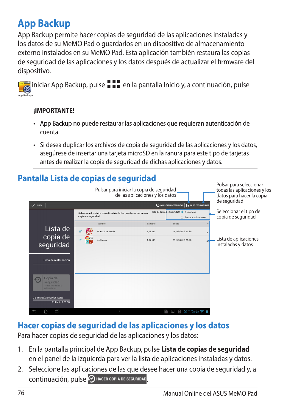 App backup, En la pantalla inicio y, a continuación, pulse | Asus MeMO Pad Smart 10 User Manual | Page 76 / 90