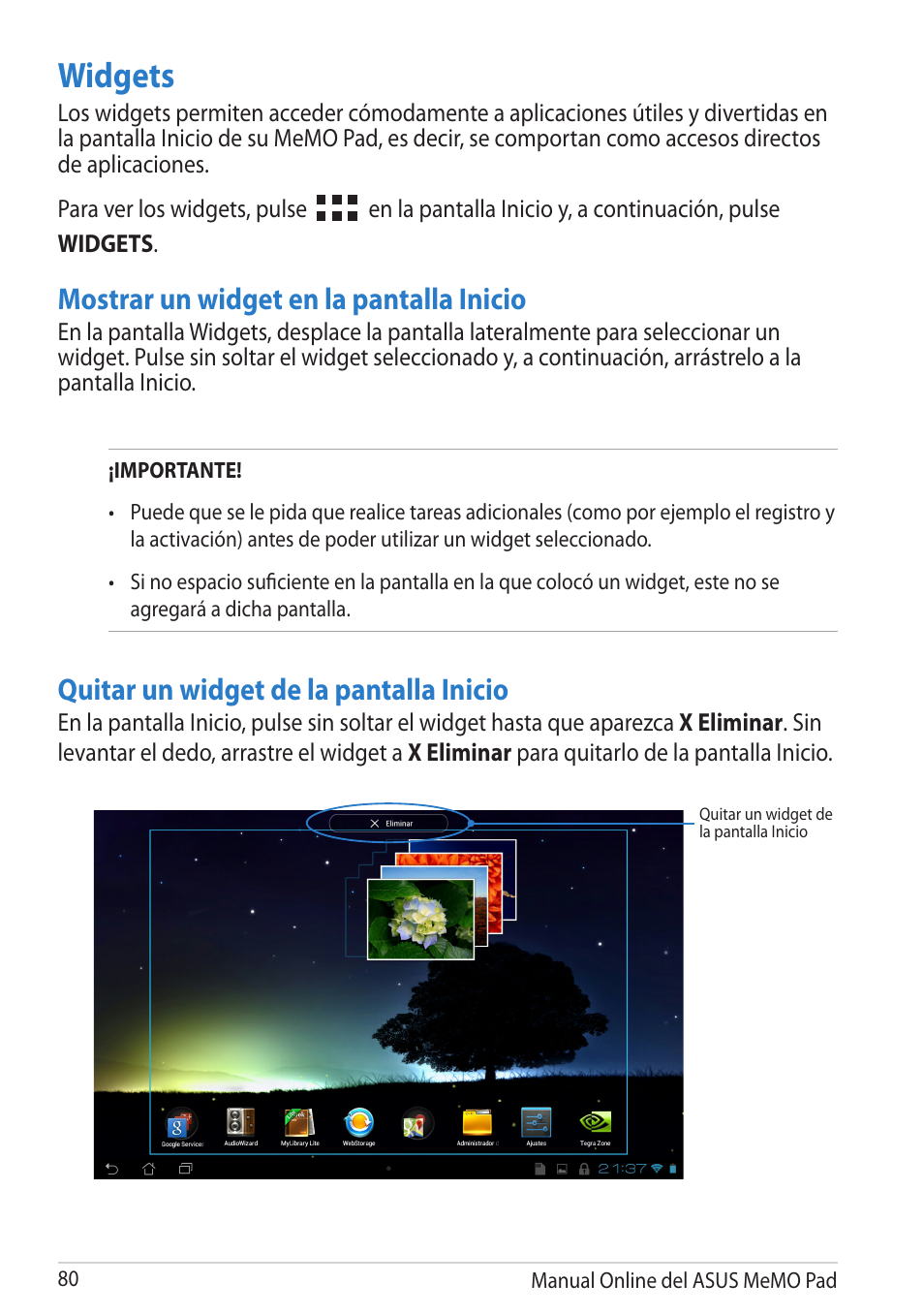 Widgets, Mostrar un widget en la pantalla inicio, Quitar un widget de la pantalla inicio | Asus MeMO Pad Smart 10 User Manual | Page 80 / 90