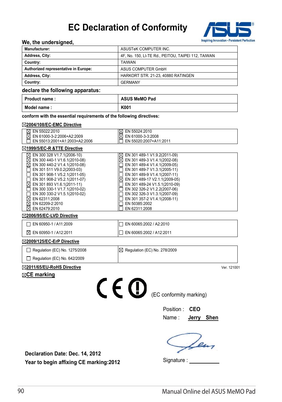 Ec declaration of conformity, We, the undersigned, Declare the following apparatus | Ec conformity marking) | Asus MeMO Pad Smart 10 User Manual | Page 90 / 90