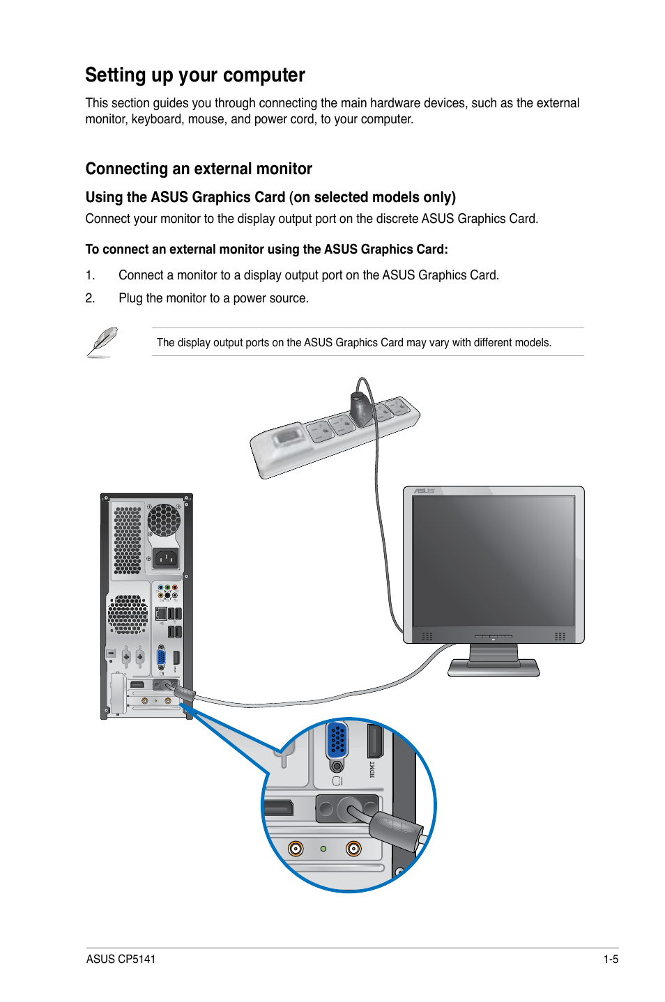 Setting up your computer, Connecting an external monitor | Asus CP5141 User Manual | Page 14 / 68