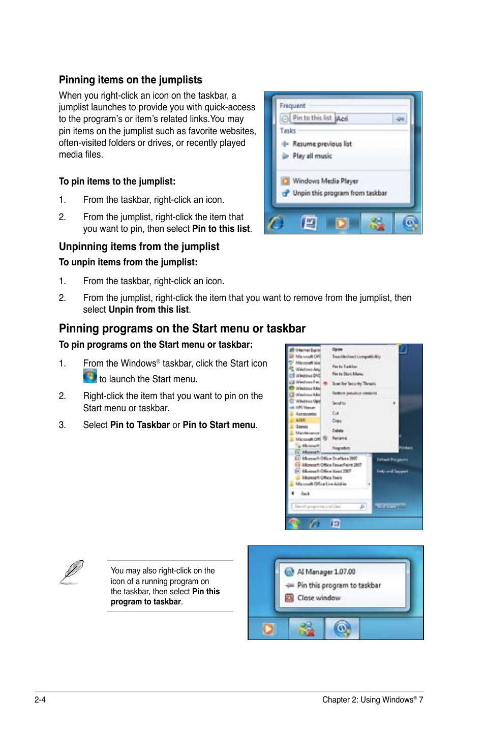 Pinning programs on the start menu or taskbar | Asus CP5141 User Manual | Page 21 / 68