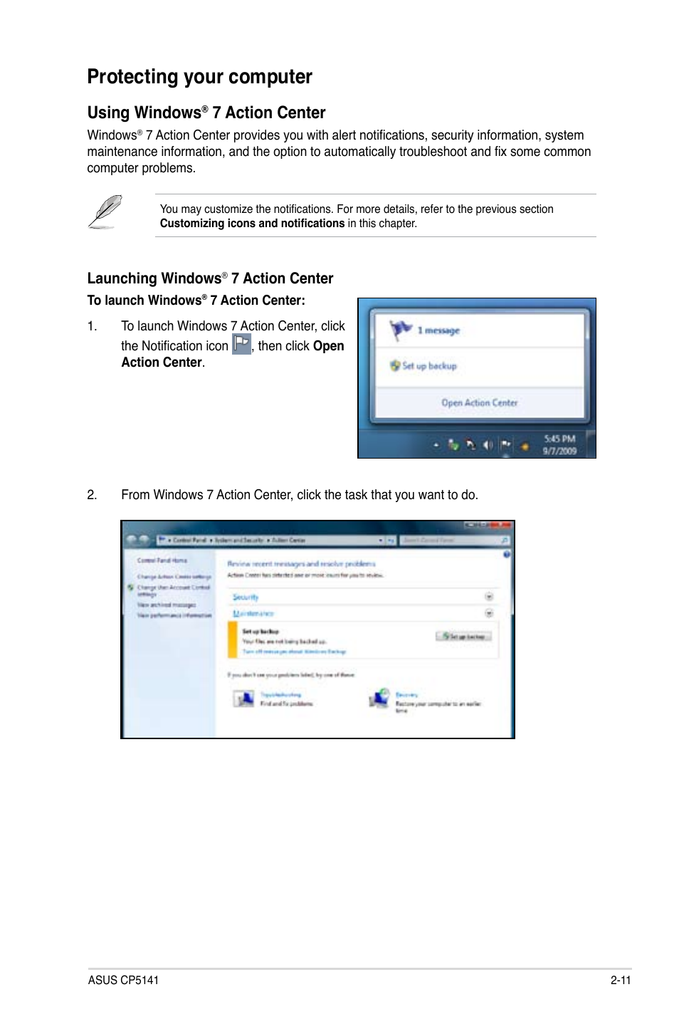 Protecting your computer, Using windows, 7 action center | Asus CP5141 User Manual | Page 28 / 68