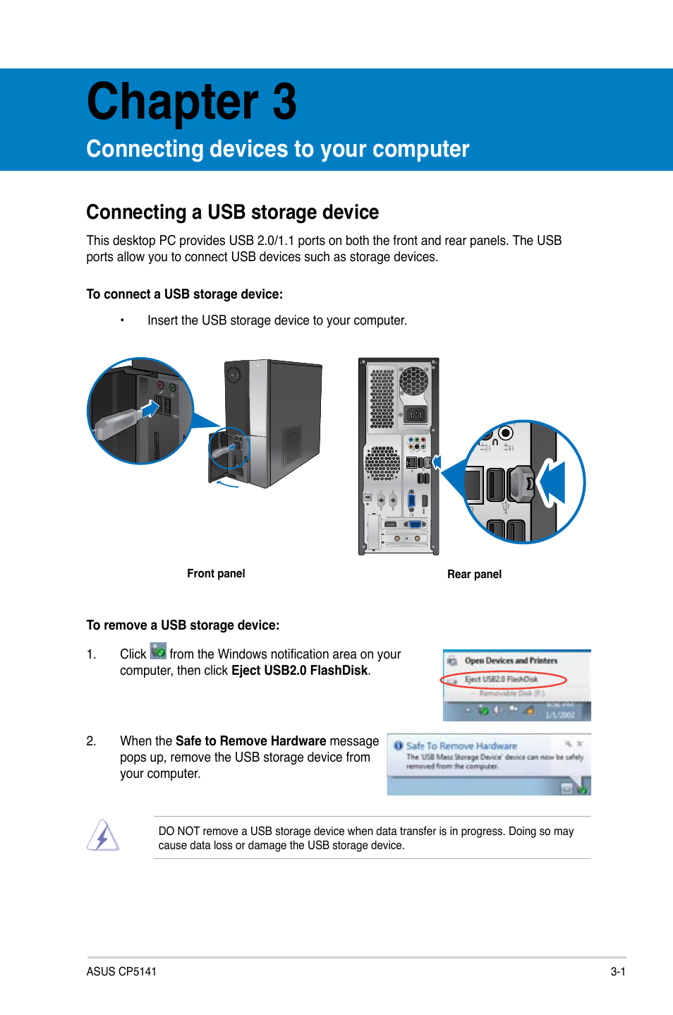 Chapter 3, Connecting devices to your computer, Connecting a usb storage device | Asus CP5141 User Manual | Page 33 / 68