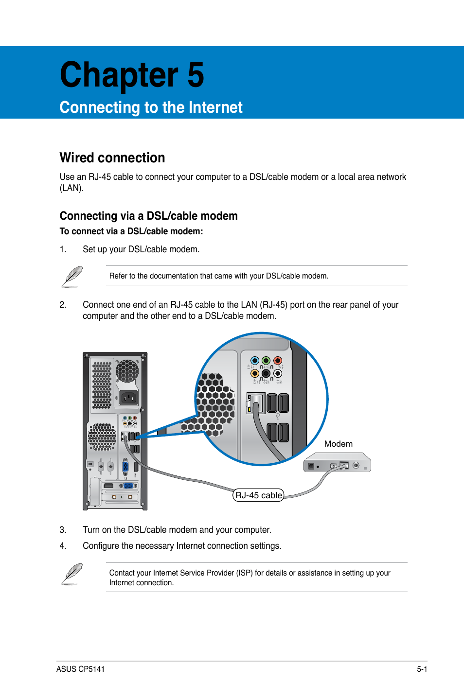 Chapter 5, Connecting to the internet, Wired connection | Asus CP5141 User Manual | Page 46 / 68