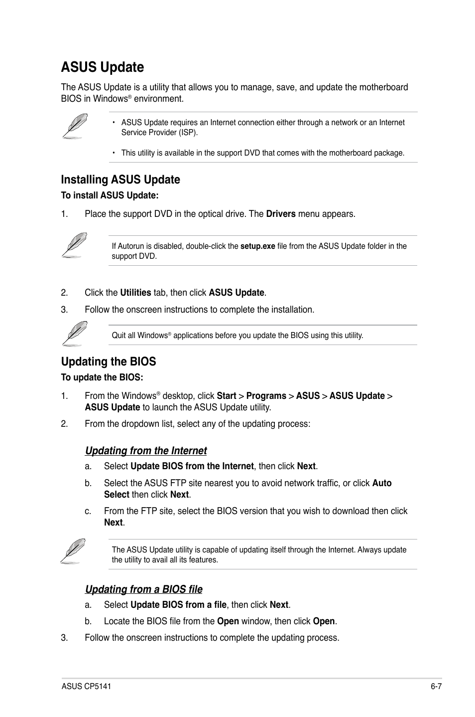 Asus update, Installing asus update, Updating the bios | Asus CP5141 User Manual | Page 57 / 68