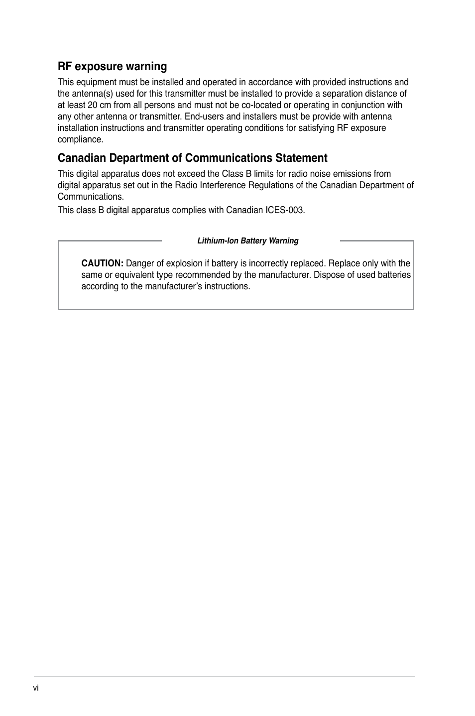 Rf exposure warning, Canadian department of communications statement | Asus CP5141 User Manual | Page 6 / 68