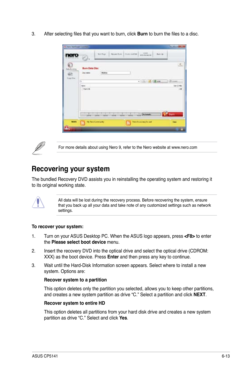 Recovering your system | Asus CP5141 User Manual | Page 63 / 68