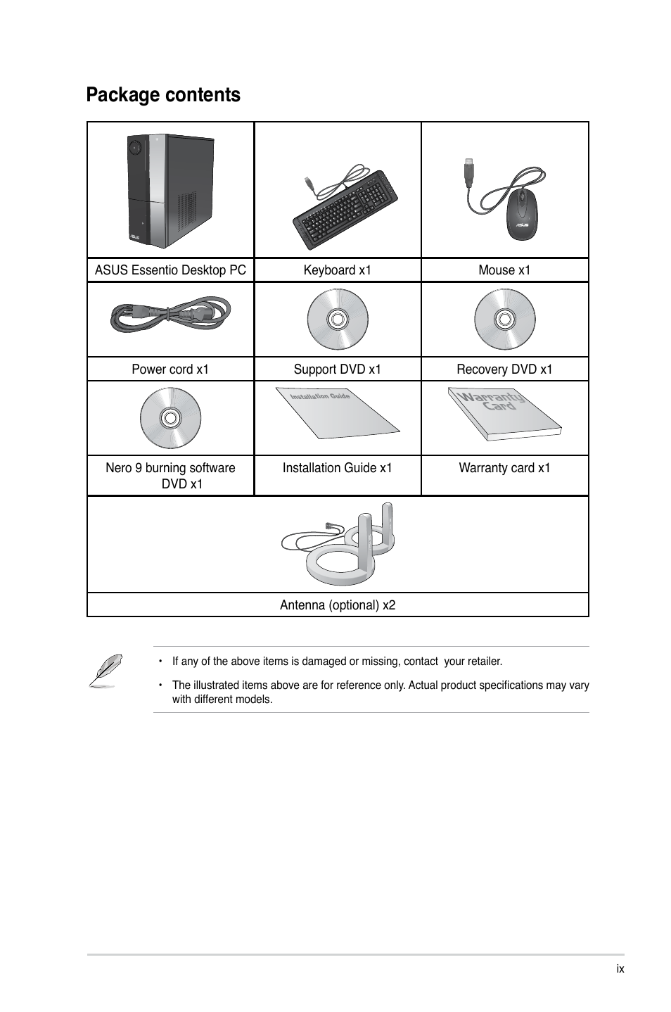 Package contents | Asus CP5141 User Manual | Page 9 / 68