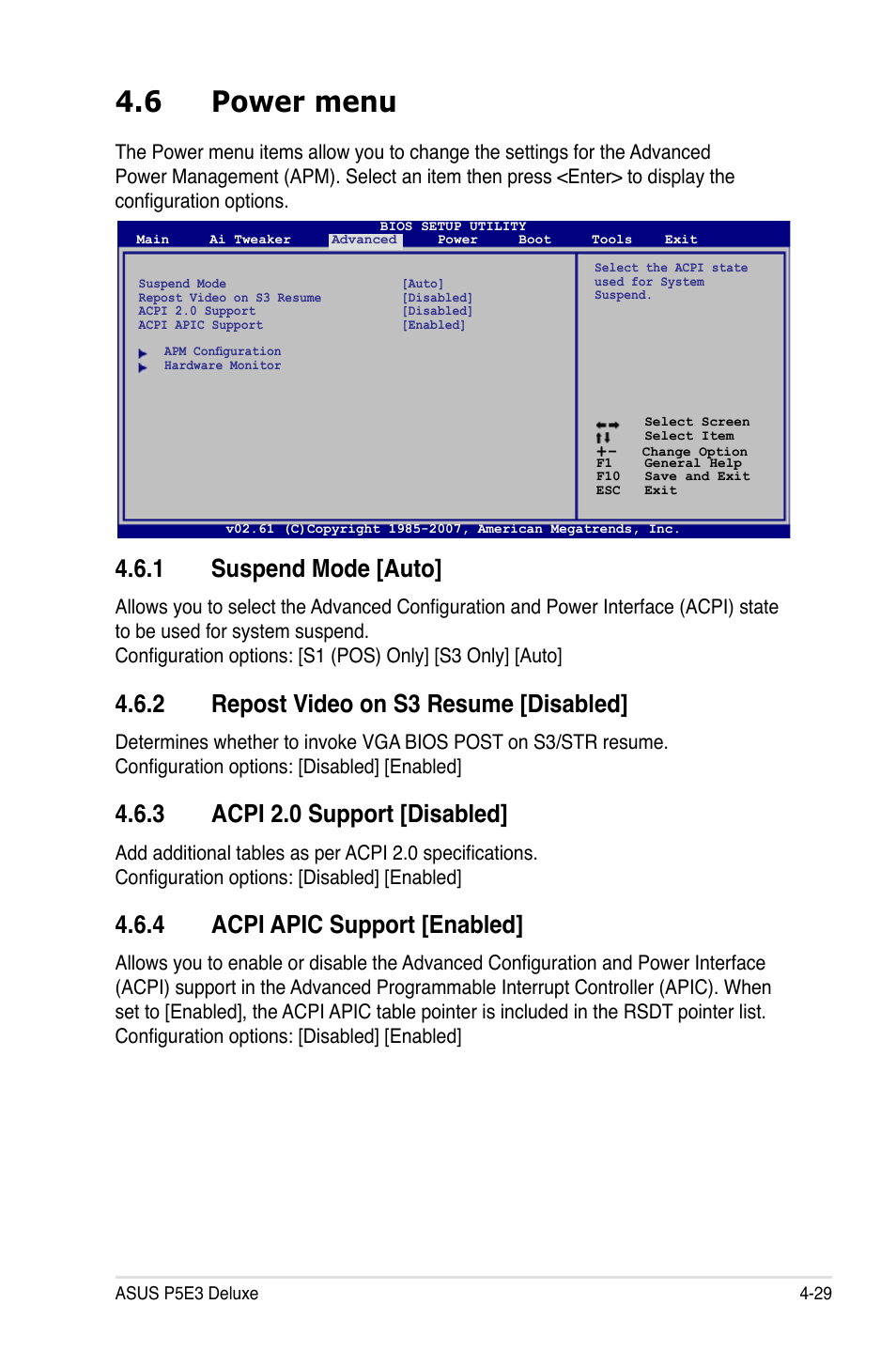 6 power menu, 1 suspend mode [auto, 2 repost video on s3 resume [disabled | 3 acpi 2.0 support [disabled, 4 acpi apic support [enabled | Asus P5E3 DELUXE/WiFi-AP User Manual | Page 101 / 188