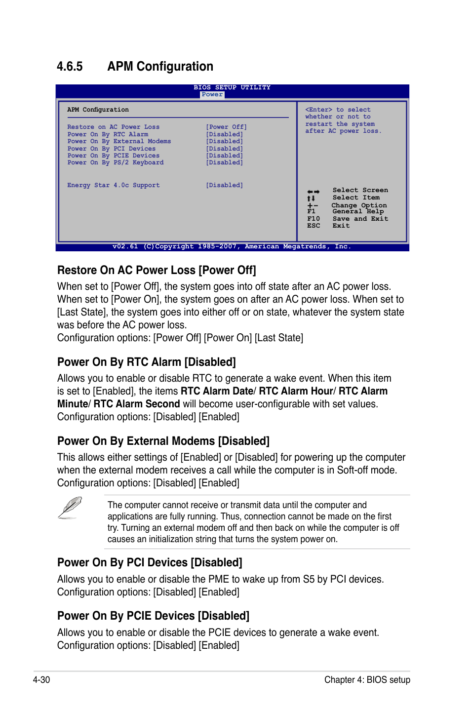 5 apm configuration, Restore on ac power loss [power off, Power on by rtc alarm [disabled | Power on by external modems [disabled, Power on by pci devices [disabled, Power on by pcie devices [disabled | Asus P5E3 DELUXE/WiFi-AP User Manual | Page 102 / 188