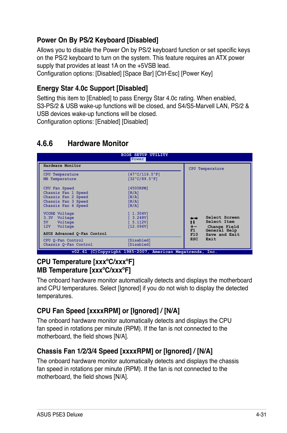 6 hardware monitor, Power on by ps/2 keyboard [disabled, Energy star 4.0c support [disabled | Asus P5E3 DELUXE/WiFi-AP User Manual | Page 103 / 188