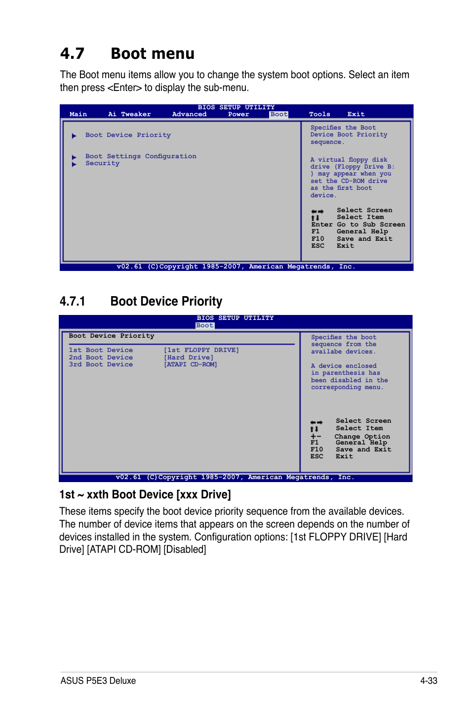 7 boot menu, 1 boot device priority, 1st ~ xxth boot device [xxx drive | Asus P5E3 DELUXE/WiFi-AP User Manual | Page 105 / 188