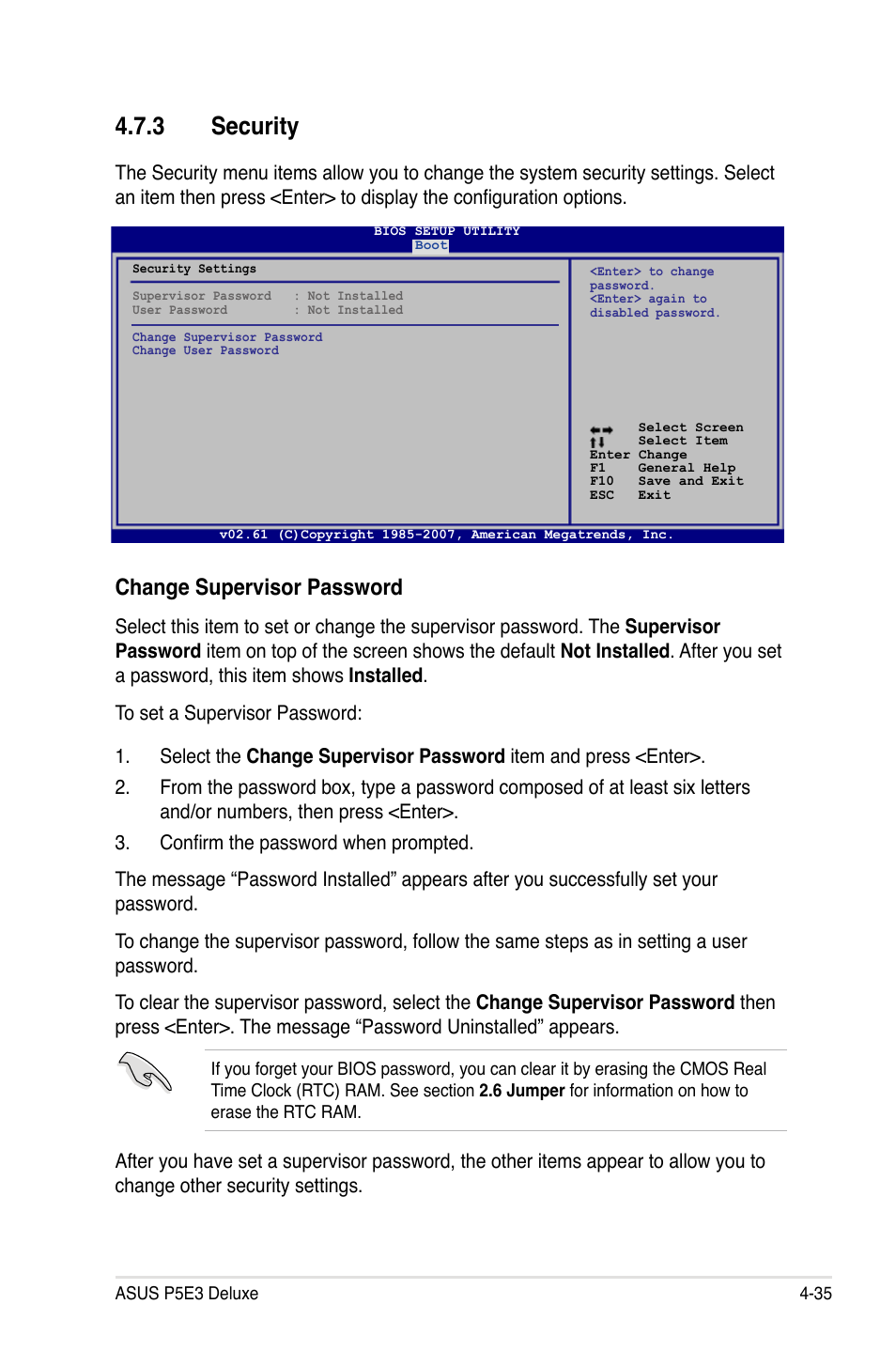 3 security, Change supervisor password | Asus P5E3 DELUXE/WiFi-AP User Manual | Page 107 / 188