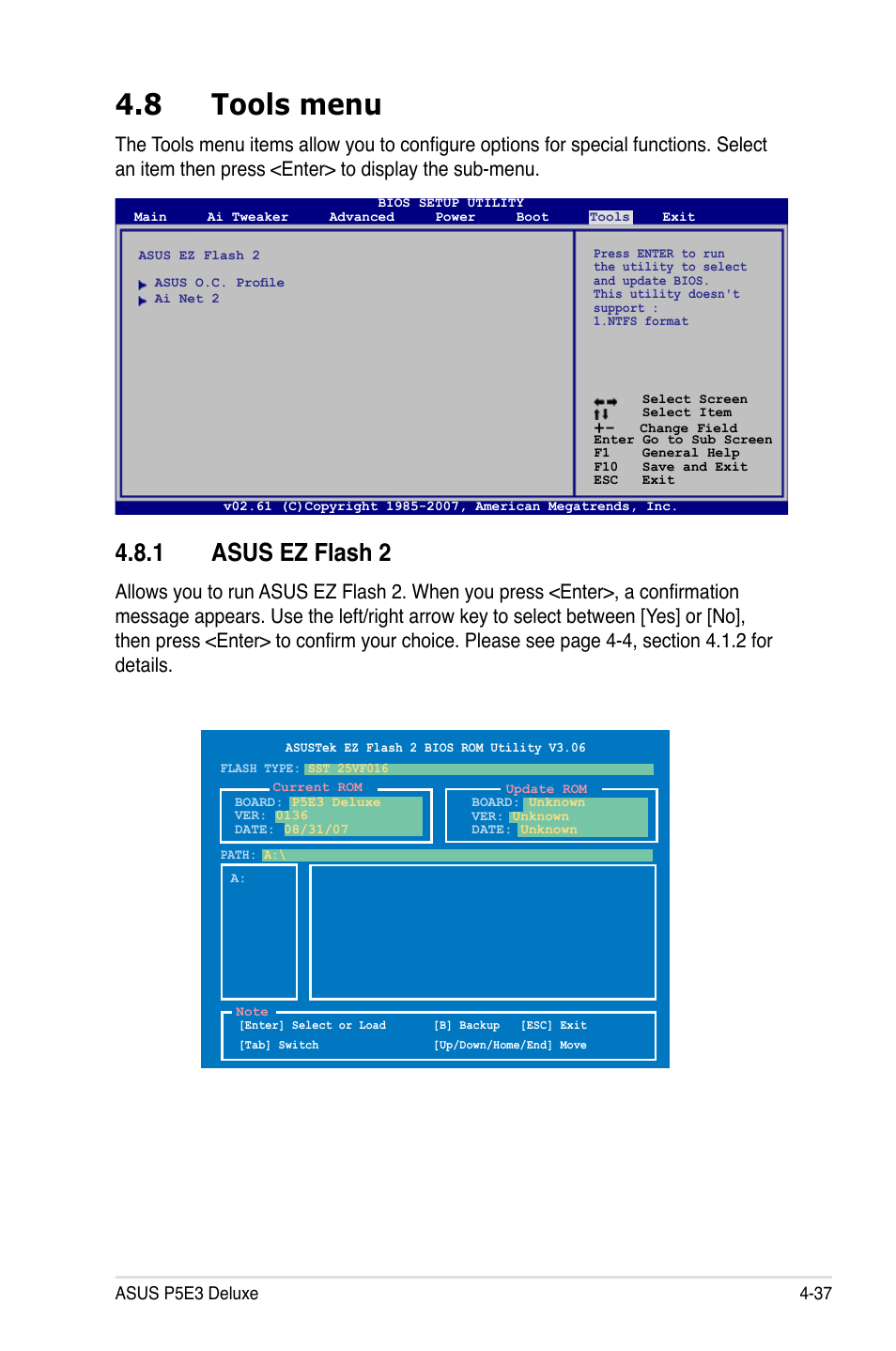 8 tools menu, 1 asus ez flash 2 | Asus P5E3 DELUXE/WiFi-AP User Manual | Page 109 / 188