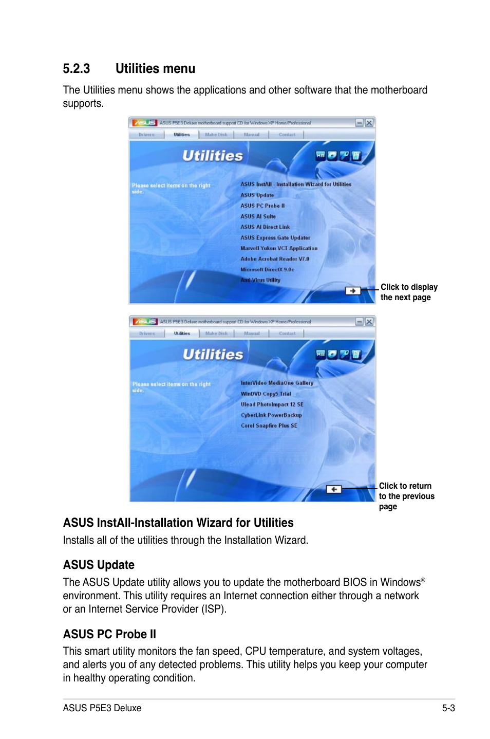 3 utilities menu, Asus install-installation wizard for utilities, Asus update | Asus pc probe ii | Asus P5E3 DELUXE/WiFi-AP User Manual | Page 117 / 188