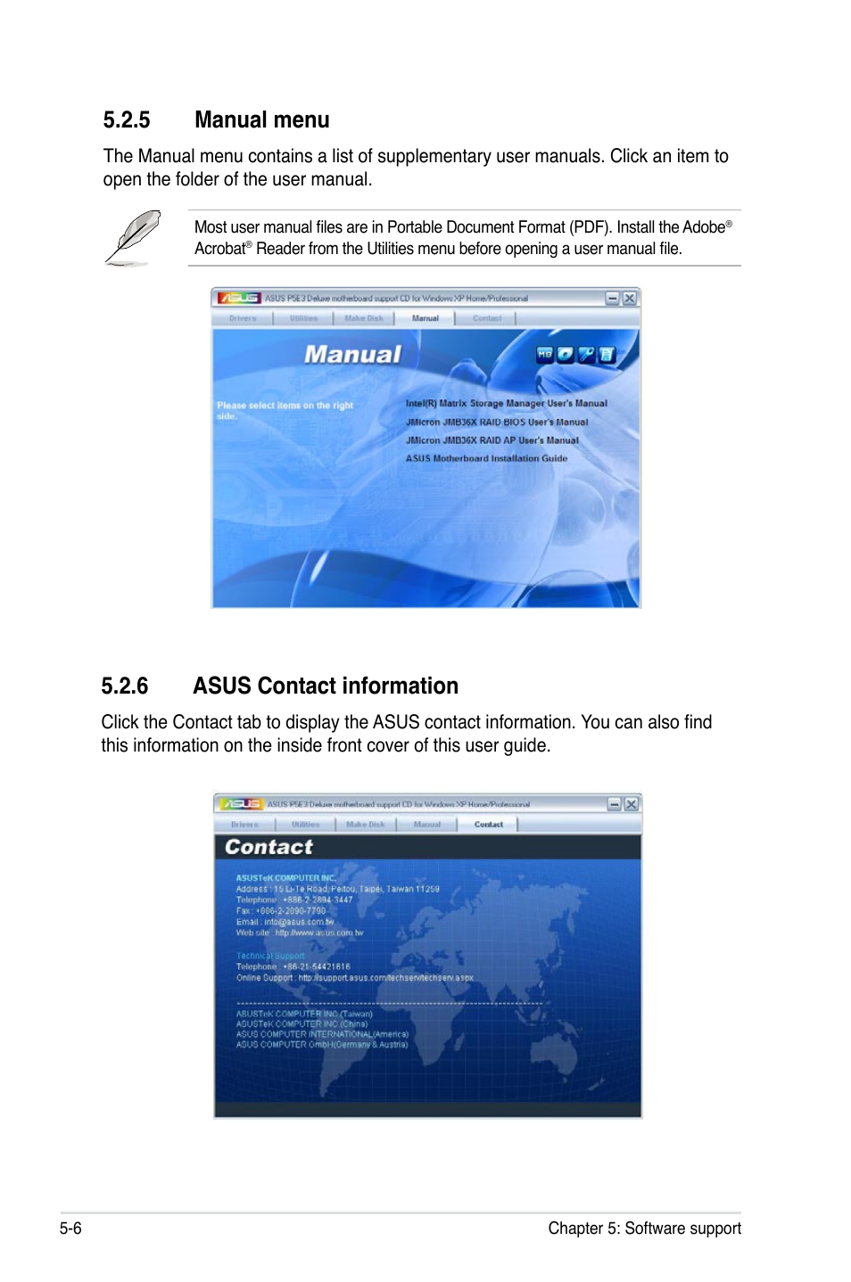 5 manual menu, 6 asus contact information | Asus P5E3 DELUXE/WiFi-AP User Manual | Page 120 / 188