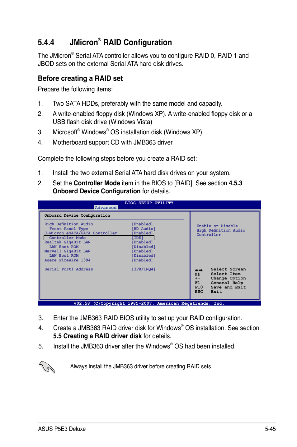 4 jmicron, Raid configuration, Before creating a raid set | The jmicron, Windows, Os had been installed | Asus P5E3 DELUXE/WiFi-AP User Manual | Page 159 / 188