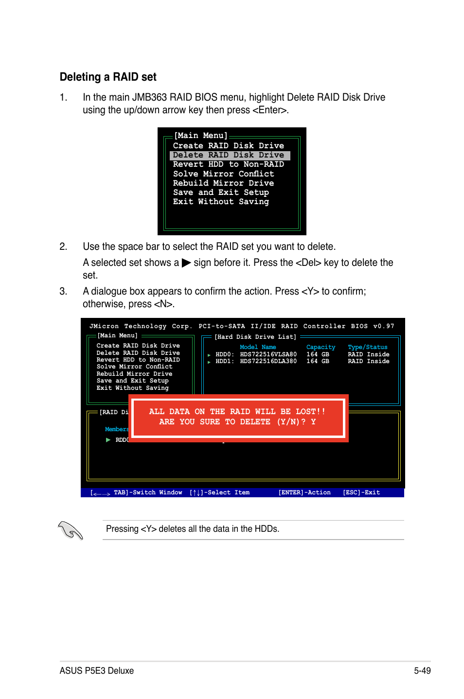 Deleting a raid set | Asus P5E3 DELUXE/WiFi-AP User Manual | Page 163 / 188