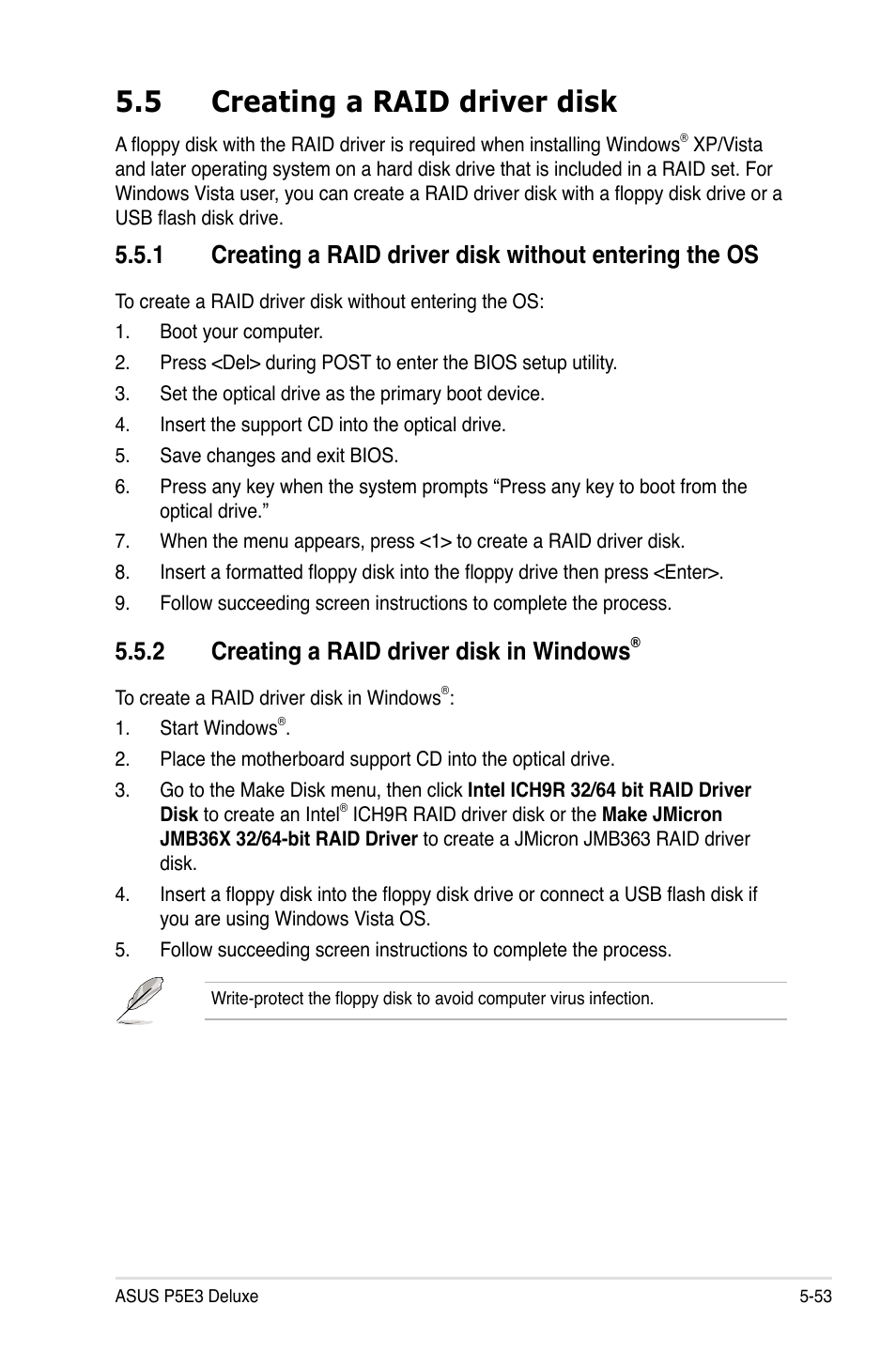 5 creating a raid driver disk, 2 creating a raid driver disk in windows | Asus P5E3 DELUXE/WiFi-AP User Manual | Page 167 / 188