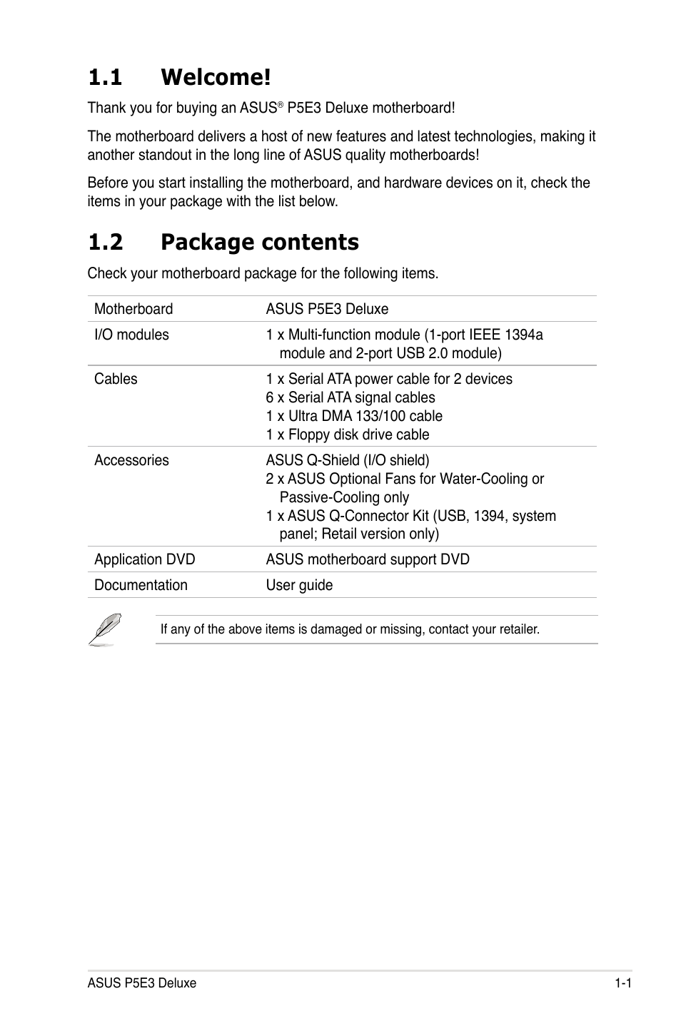 1 welcome, 2 package contents | Asus P5E3 DELUXE/WiFi-AP User Manual | Page 17 / 188