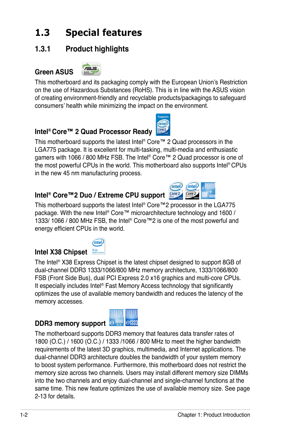 3 special features, 1 product highlights | Asus P5E3 DELUXE/WiFi-AP User Manual | Page 18 / 188