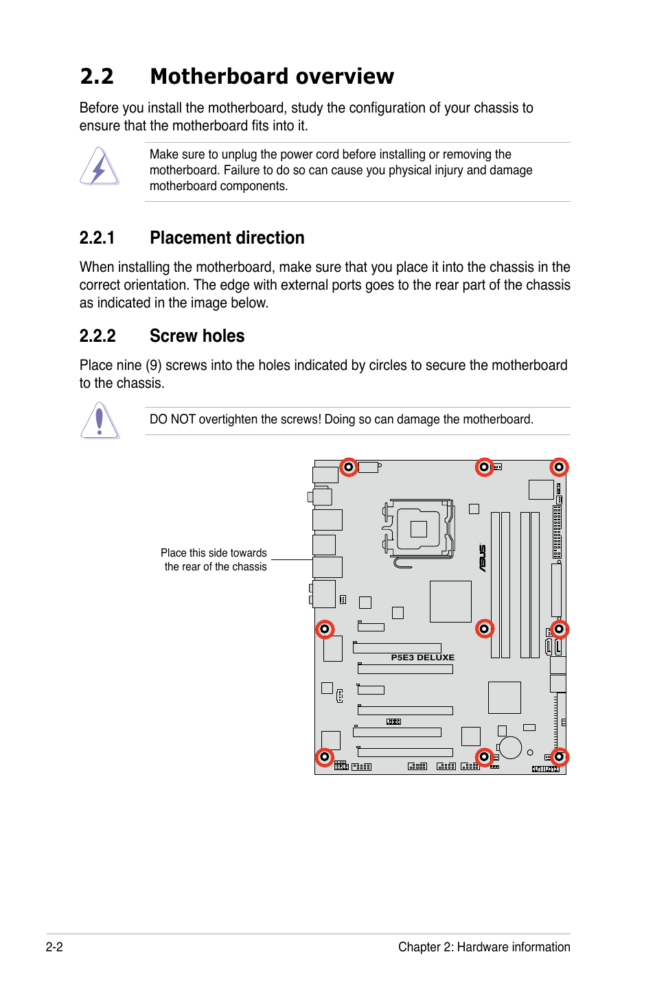 2 motherboard overview, 1 placement direction, 2 screw holes | Asus P5E3 DELUXE/WiFi-AP User Manual | Page 28 / 188