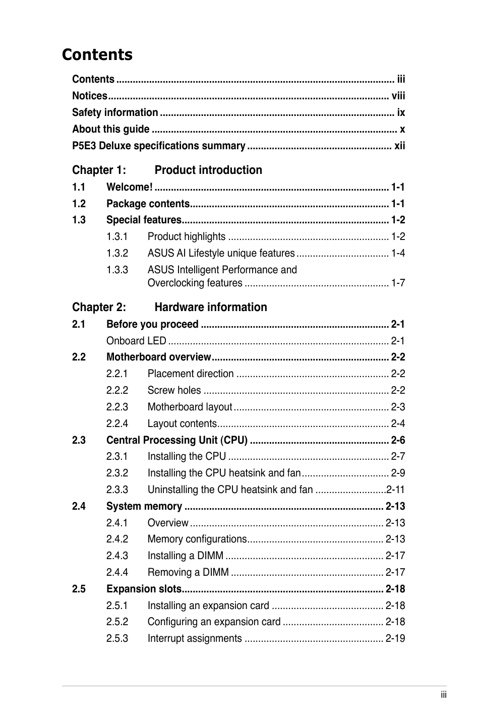 Asus P5E3 DELUXE/WiFi-AP User Manual | Page 3 / 188