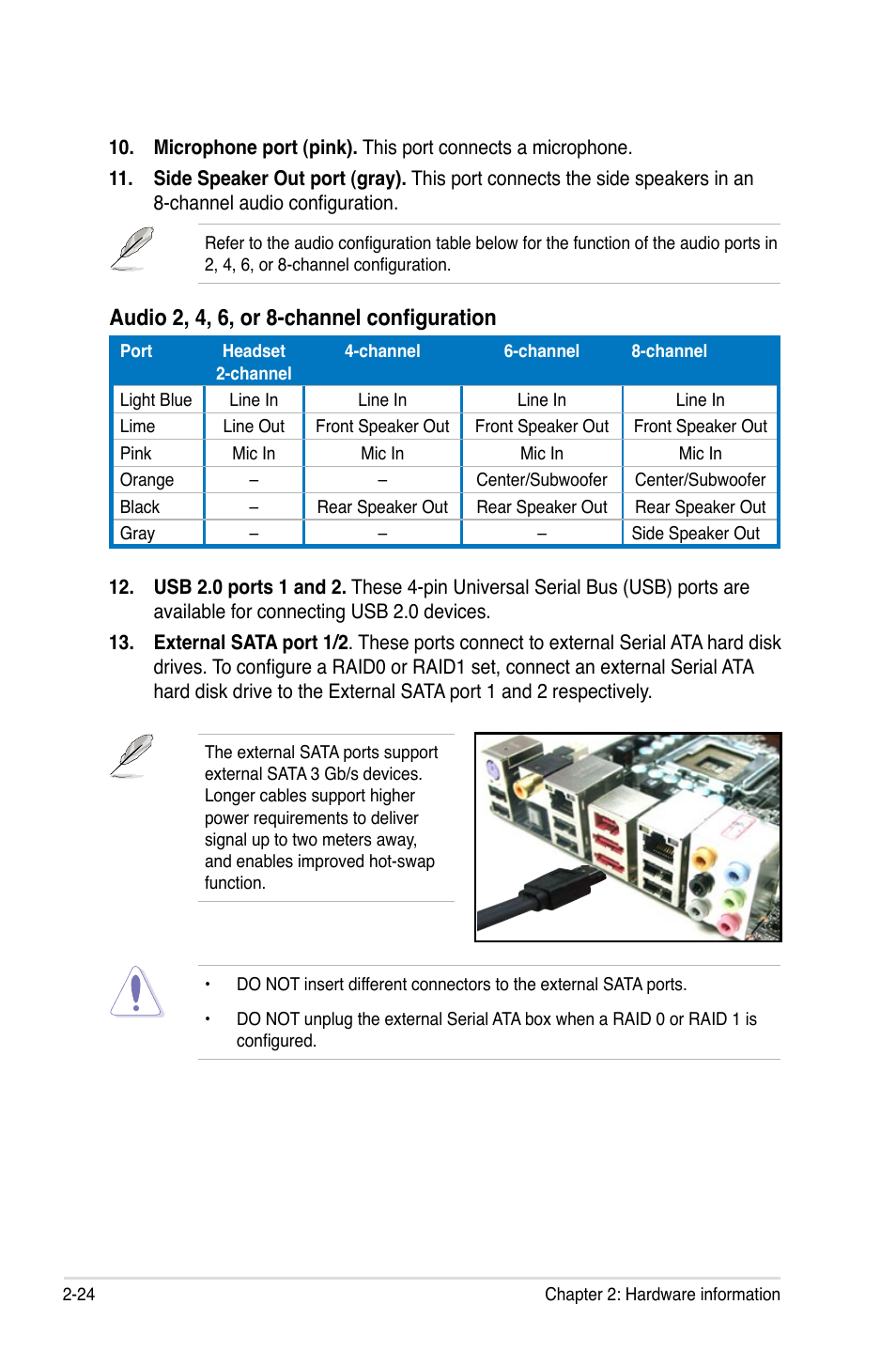 Audio 2, 4, 6, or 8-channel configuration | Asus P5E3 DELUXE/WiFi-AP User Manual | Page 50 / 188
