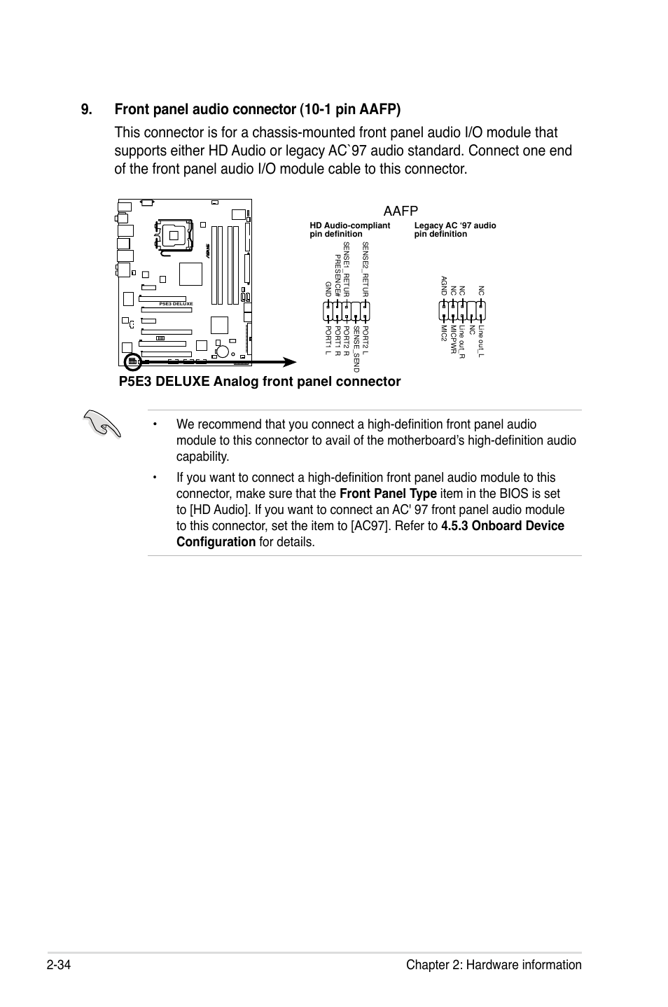 34 chapter 2: hardware information, P5e3 deluxe analog front panel connector aafp | Asus P5E3 DELUXE/WiFi-AP User Manual | Page 60 / 188
