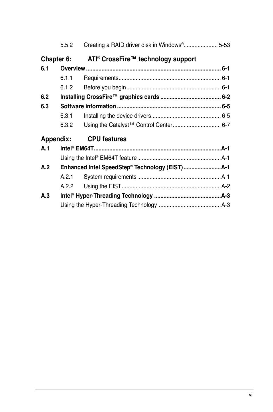 Chapter 6: ati, Crossfire™ technology support, Appendix: cpu features | Asus P5E3 DELUXE/WiFi-AP User Manual | Page 7 / 188