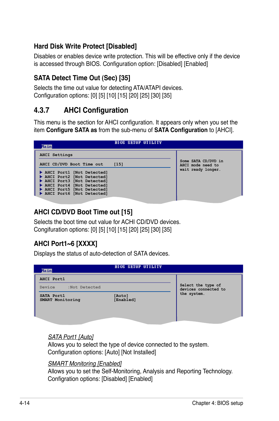 7 ahci configuration, Hard disk write protect [disabled, Sata detect time out (sec) [35 | Ahci cd/dvd boot time out [15 | Asus P5E3 DELUXE/WiFi-AP User Manual | Page 86 / 188