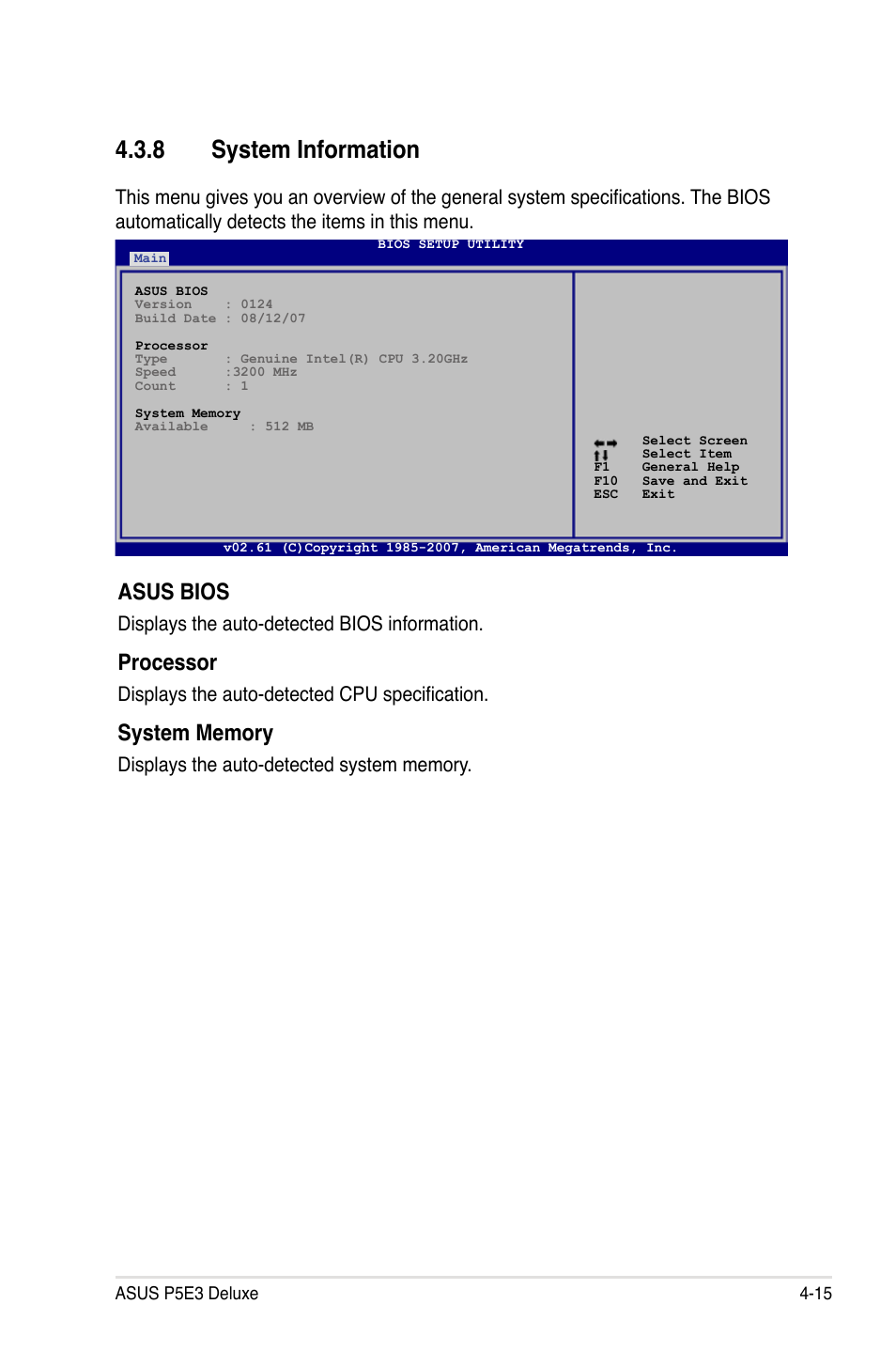 8 system information, Asus bios, Processor | Displays the auto-detected bios information, Displays the auto-detected cpu specification | Asus P5E3 DELUXE/WiFi-AP User Manual | Page 87 / 188