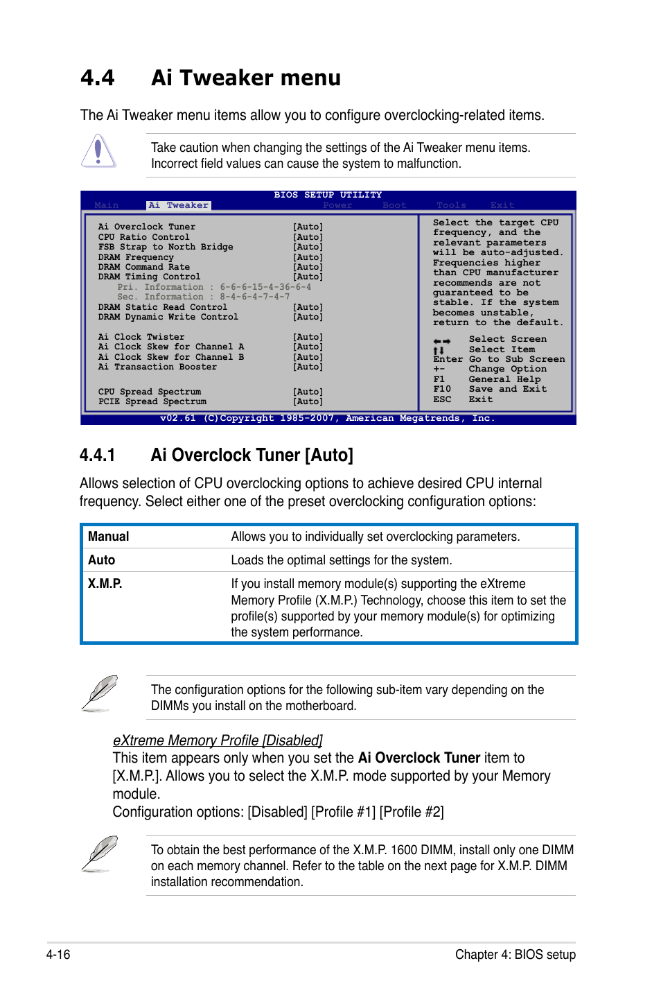 4 ai tweaker menu, 1 ai overclock tuner [auto | Asus P5E3 DELUXE/WiFi-AP User Manual | Page 88 / 188