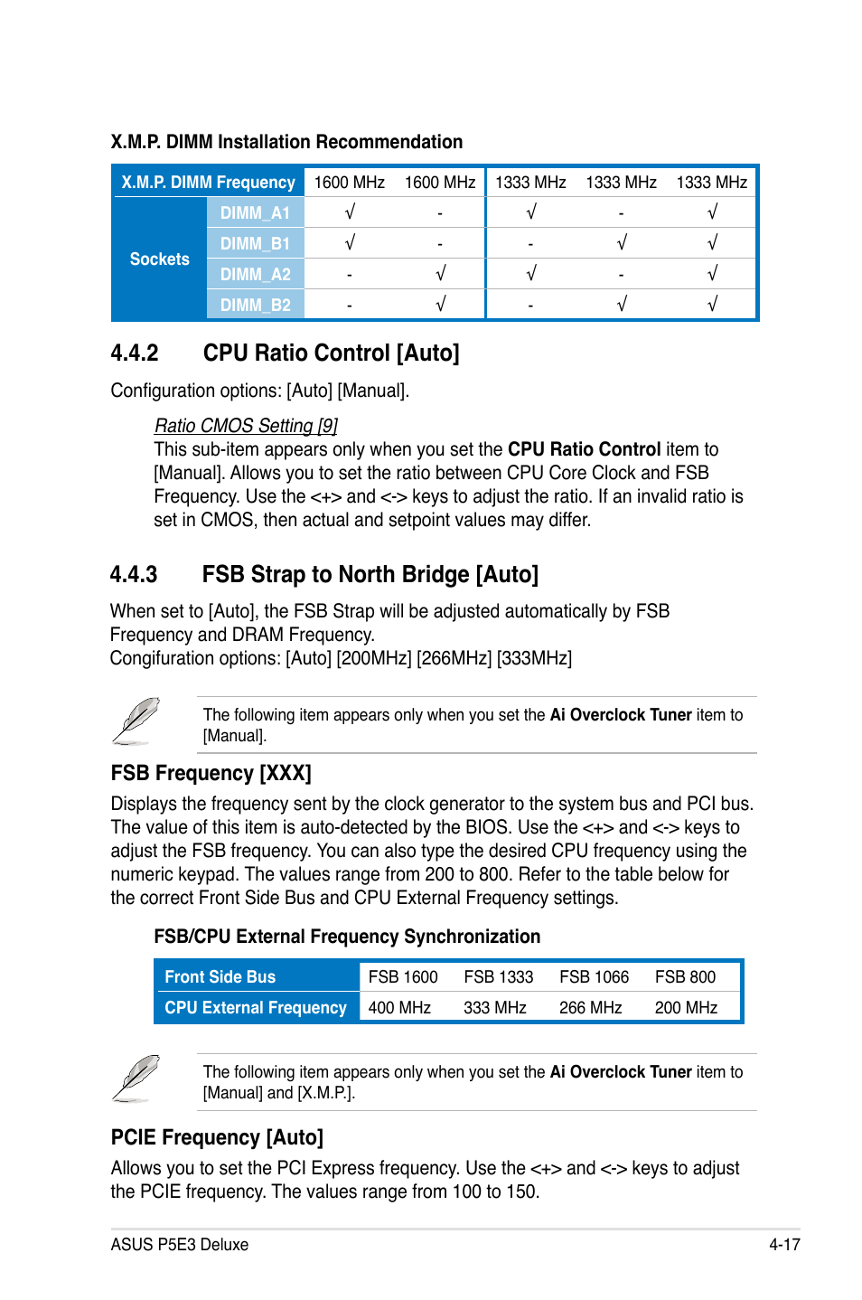 2 cpu ratio control [auto, 3 fsb strap to north bridge [auto, Fsb frequency [xxx | Pcie frequency [auto | Asus P5E3 DELUXE/WiFi-AP User Manual | Page 89 / 188