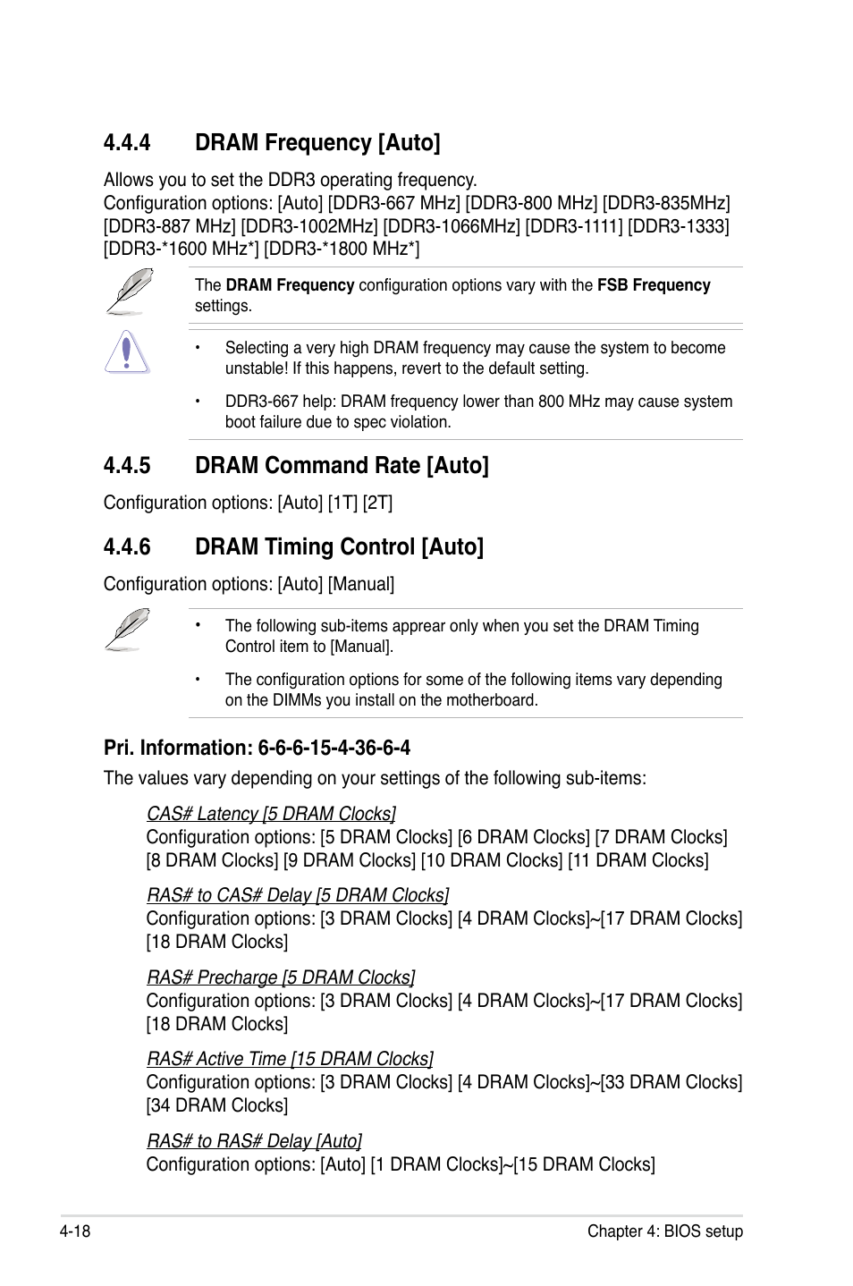 4 dram frequency [auto, 5 dram command rate [auto, 6 dram timing control [auto | Asus P5E3 DELUXE/WiFi-AP User Manual | Page 90 / 188