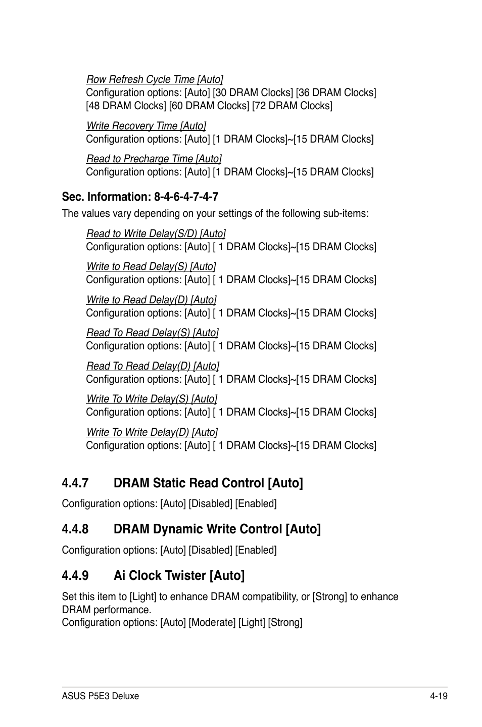 7 dram static read control [auto, 8 dram dynamic write control [auto, 9 ai clock twister [auto | Asus P5E3 DELUXE/WiFi-AP User Manual | Page 91 / 188