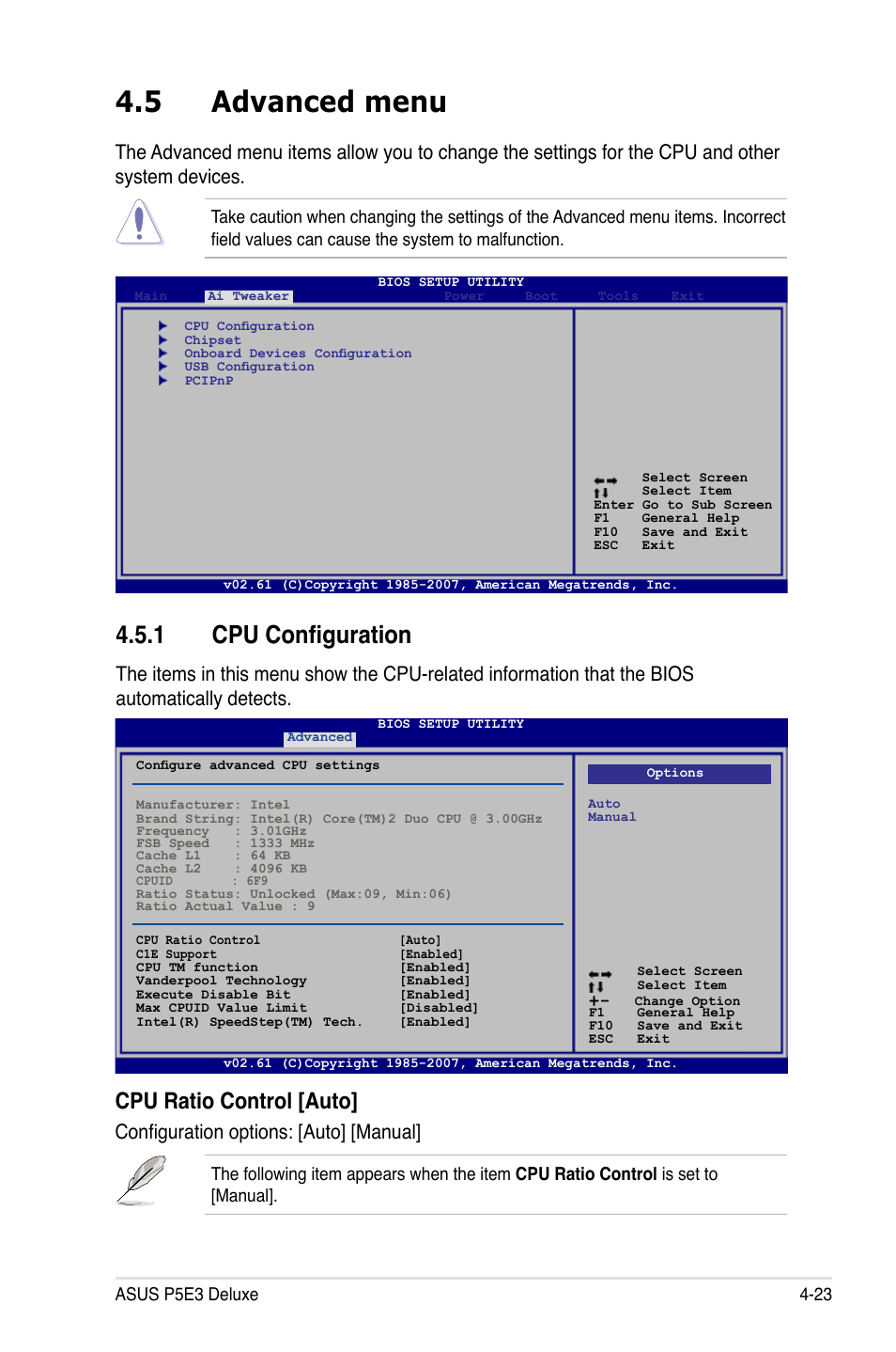 5 advanced menu, 1 cpu configuration, Cpu ratio control [auto | Configuration options: [auto] [manual | Asus P5E3 DELUXE/WiFi-AP User Manual | Page 95 / 188