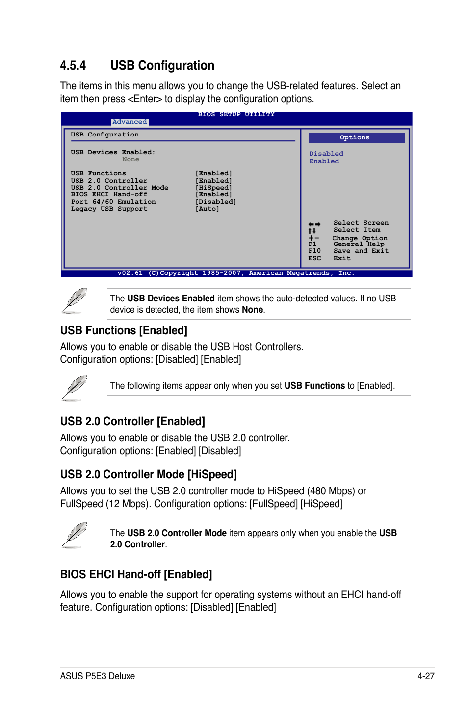 4 usb configuration, Usb 2.0 controller [enabled, Usb 2.0 controller mode [hispeed | Usb functions [enabled, Bios ehci hand-off [enabled | Asus P5E3 DELUXE/WiFi-AP User Manual | Page 99 / 188