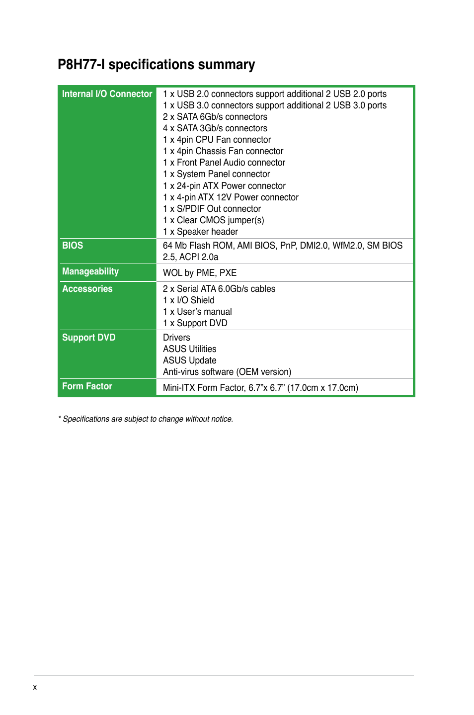 P8h77-i specifications summary | Asus P8H77-I User Manual | Page 10 / 74