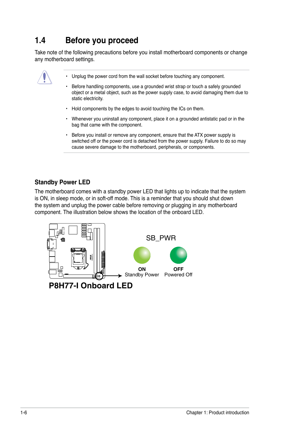 4 before you proceed, Before you proceed -6, P8h77-i onboard led | Sb_pwr, Standby power led | Asus P8H77-I User Manual | Page 16 / 74