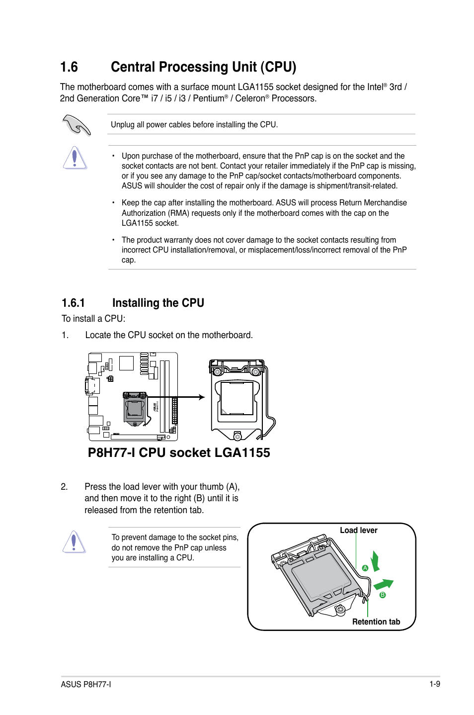 6 central processing unit (cpu), 1 installing the cpu, Central processing unit (cpu) -9 1.6.1 | Installing the cpu -9 | Asus P8H77-I User Manual | Page 19 / 74