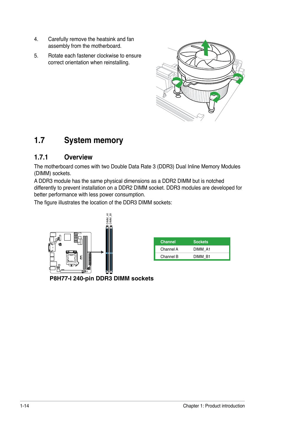 7 system memory, 1 overview, System memory -14 1.7.1 | Overview -14 | Asus P8H77-I User Manual | Page 24 / 74