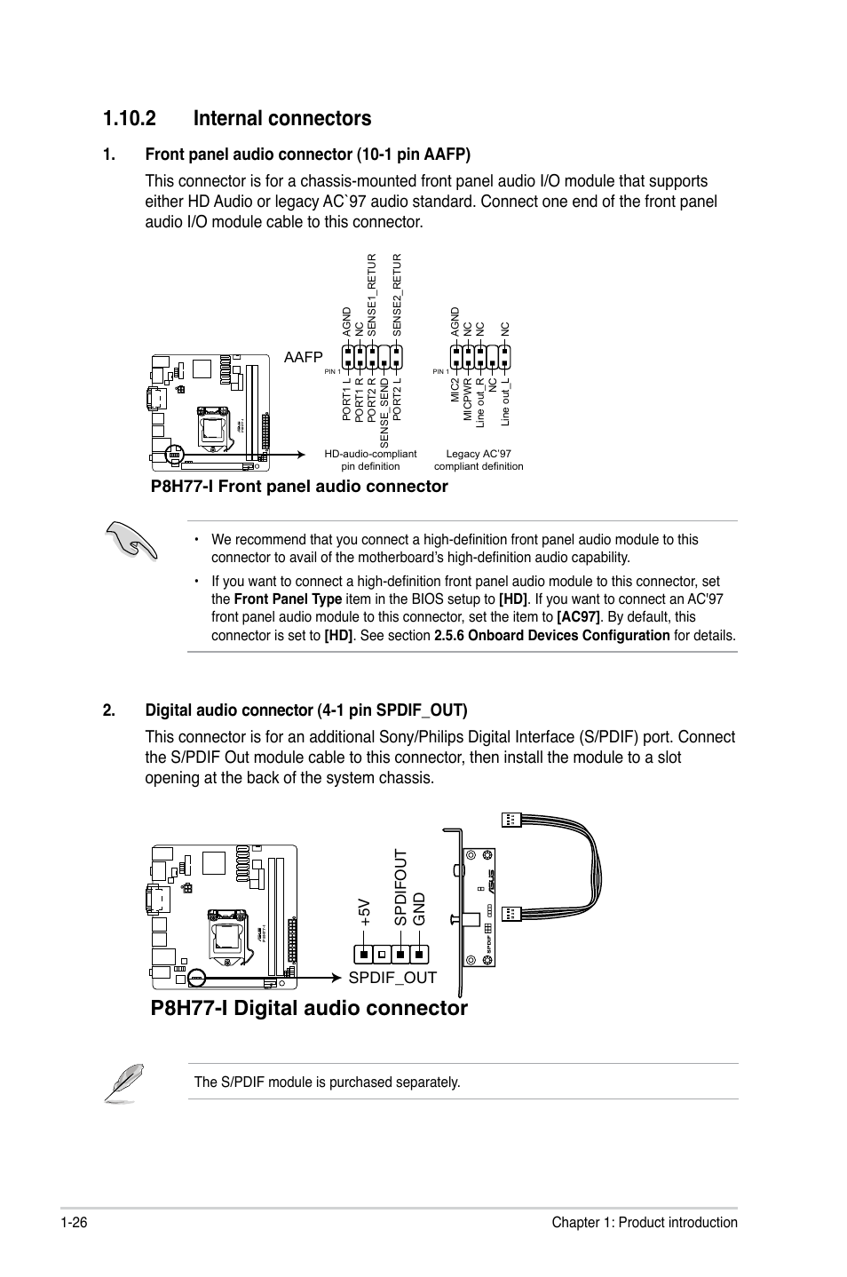 2 internal connectors, 2 internal connectors -26, P8h77-i digital audio connector | P8h77-i front panel audio connector, Spdif_out +5 v spdifou t gnd | Asus P8H77-I User Manual | Page 36 / 74