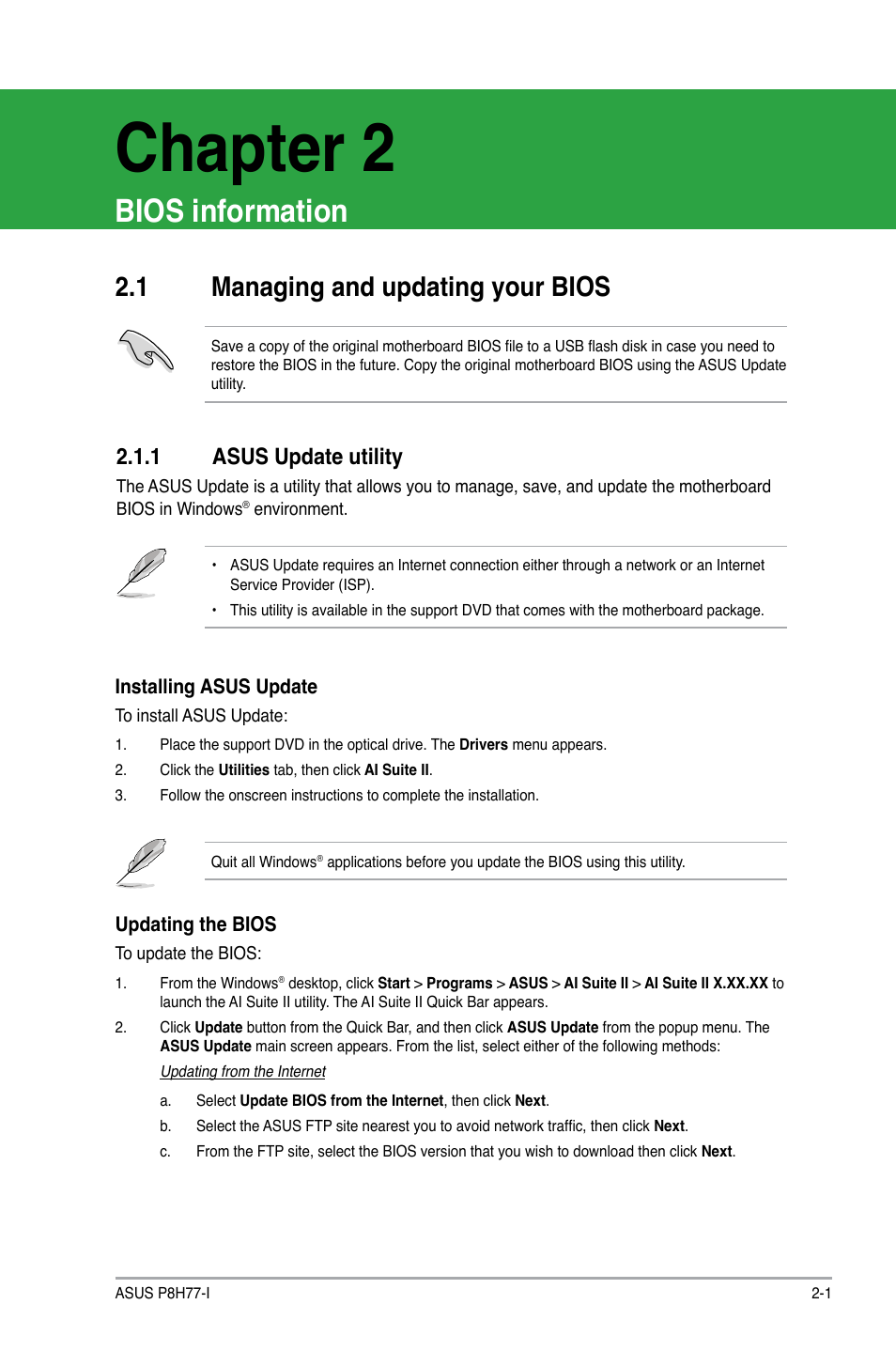 Chapter 2, Bios information, 1 managing and updating your bios | 1 asus update utility, Managing and updating your bios -1 2.1.1, Asus update utility -1 | Asus P8H77-I User Manual | Page 43 / 74